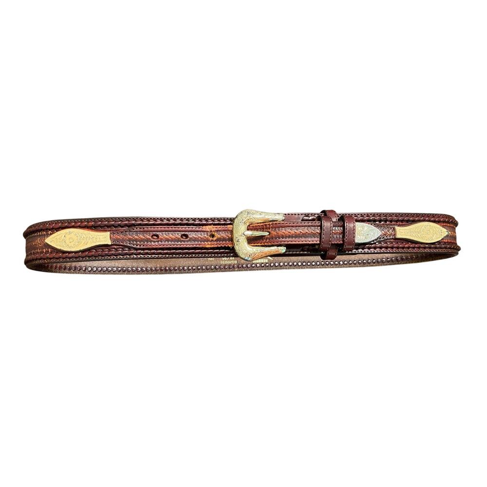 Resistol Black Gold Western Leather Belt Size 38 Tooled Basketweave Conchos